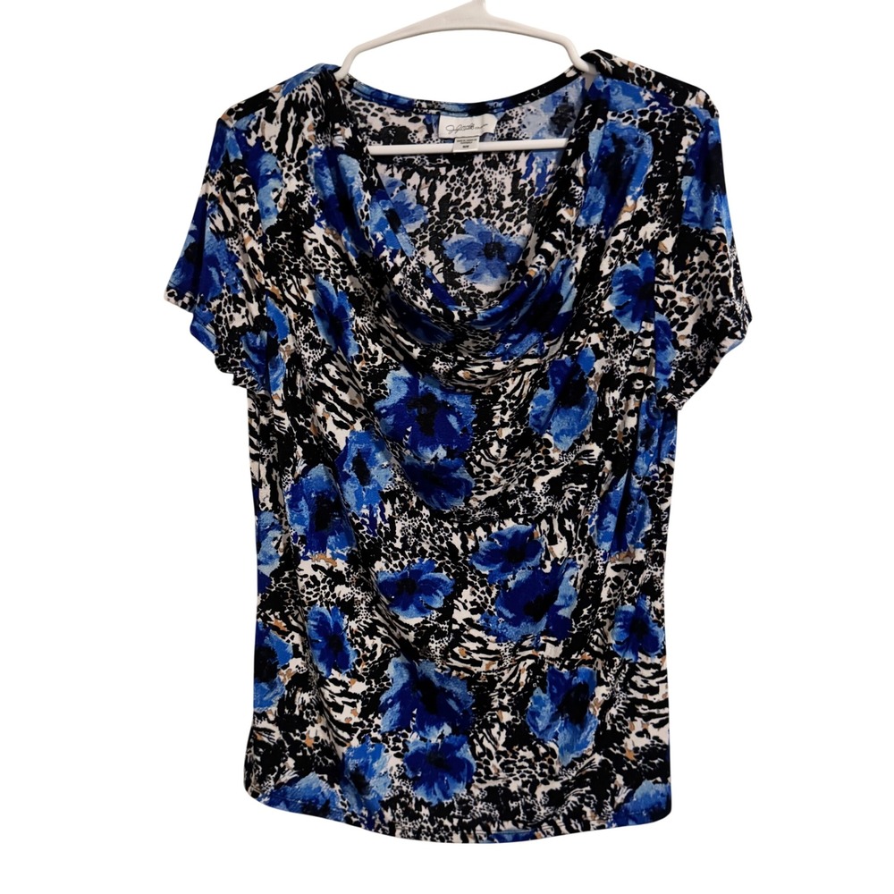 Jaclyn Smith Collection Blue Floral Animal Print Cowl Neck Short Sleeve Top M